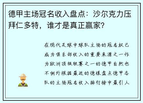 德甲主场冠名收入盘点：沙尔克力压拜仁多特，谁才是真正赢家？