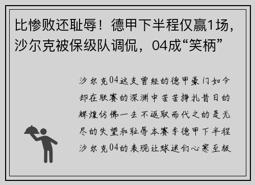 比惨败还耻辱！德甲下半程仅赢1场，沙尔克被保级队调侃，04成“笑柄”