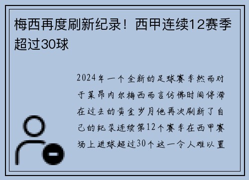 梅西再度刷新纪录！西甲连续12赛季超过30球